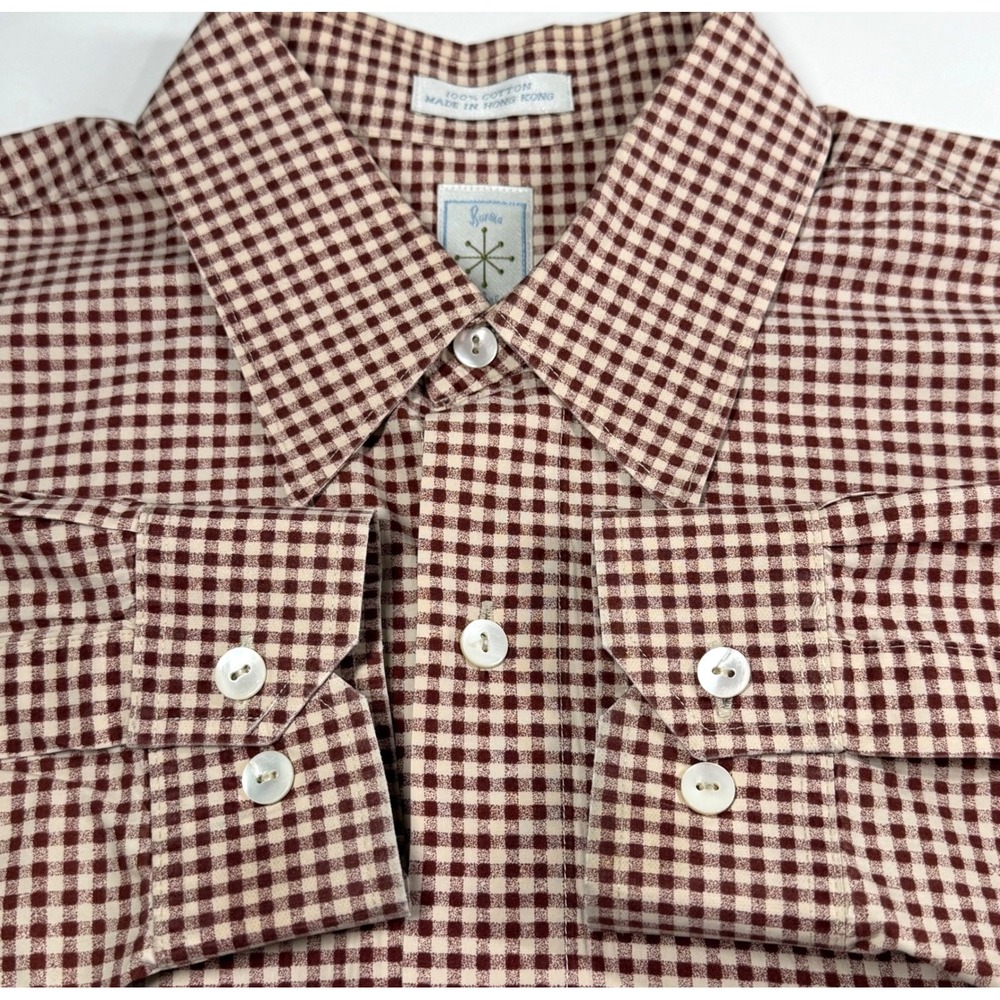 Burma Bibas Gingham Check Shirt Mens L Brick Red Brown Button Up Preppy Vintage
